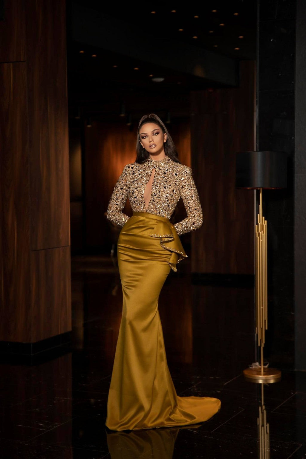 Embroidered Satin Evening Gown