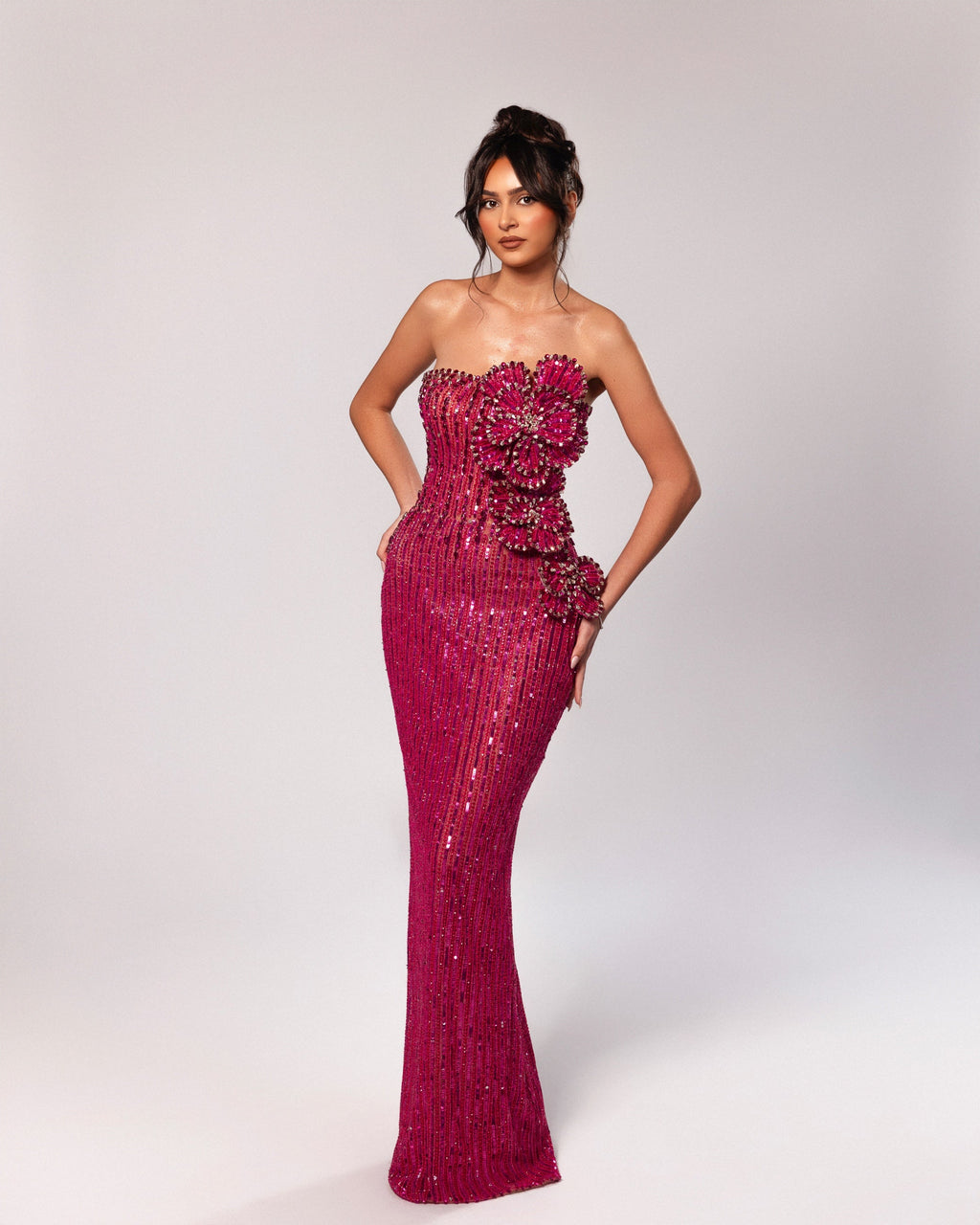 Strapless Dress with 3D Floral Embellishment