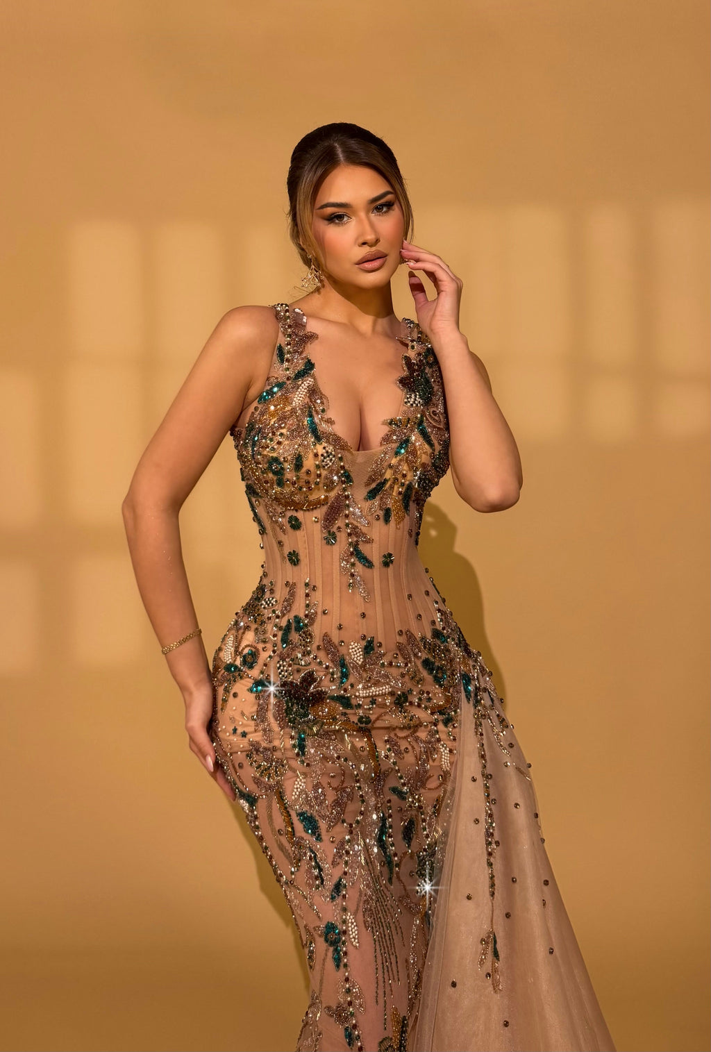 Hand Embroidered Dress with Leaf Motifs and Train