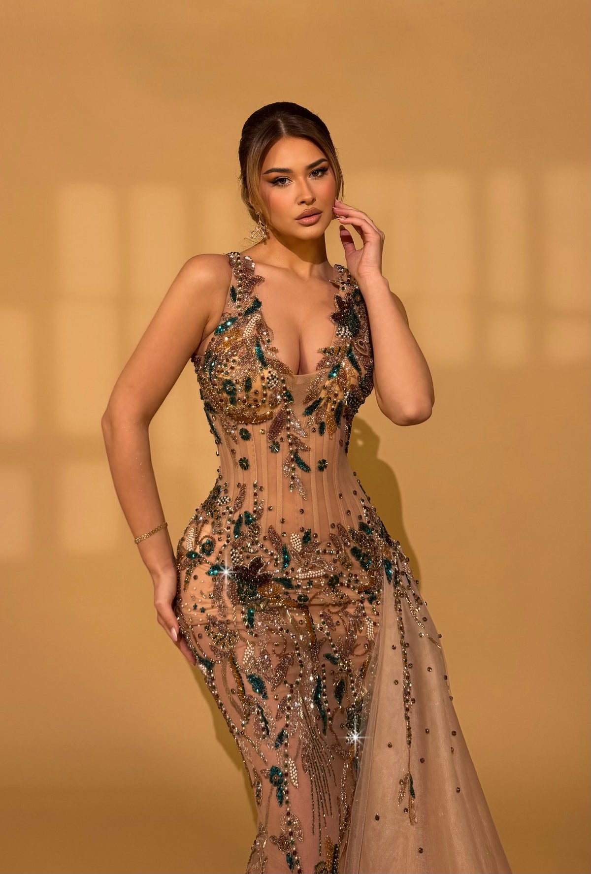 Hand Embroidered Dress with Leaf Motifs and Train
