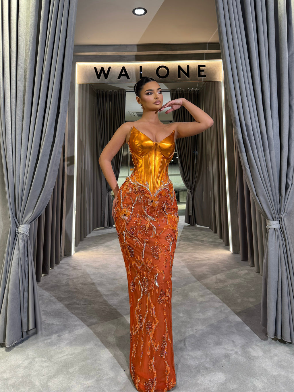 Metallic Orange Embellished Gown