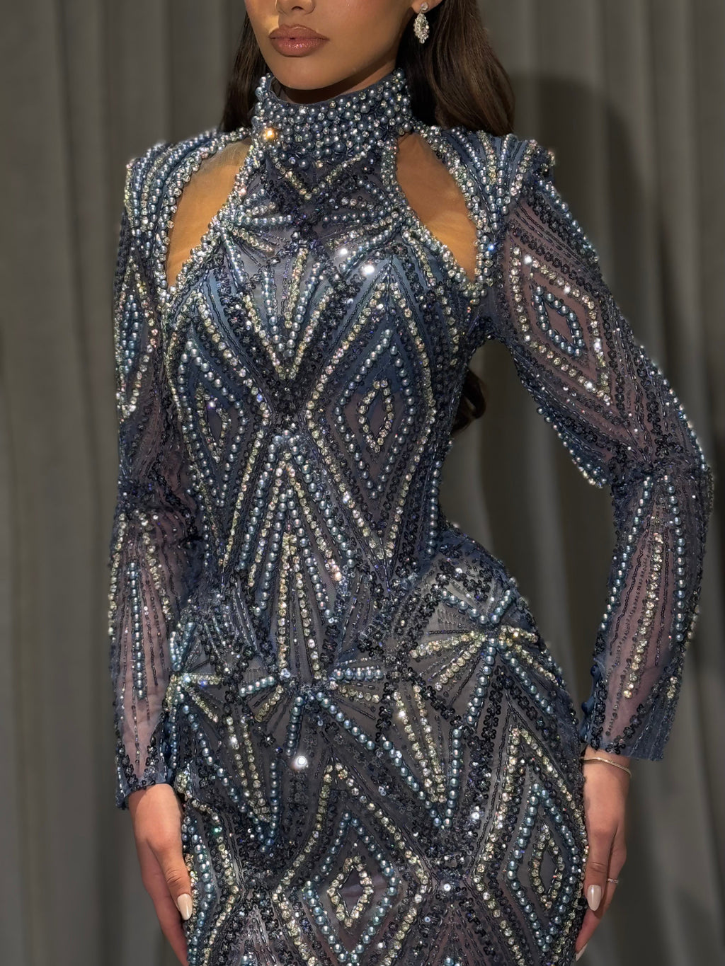 Elarya - Cut-Out Beaded Long Sleeve Gown