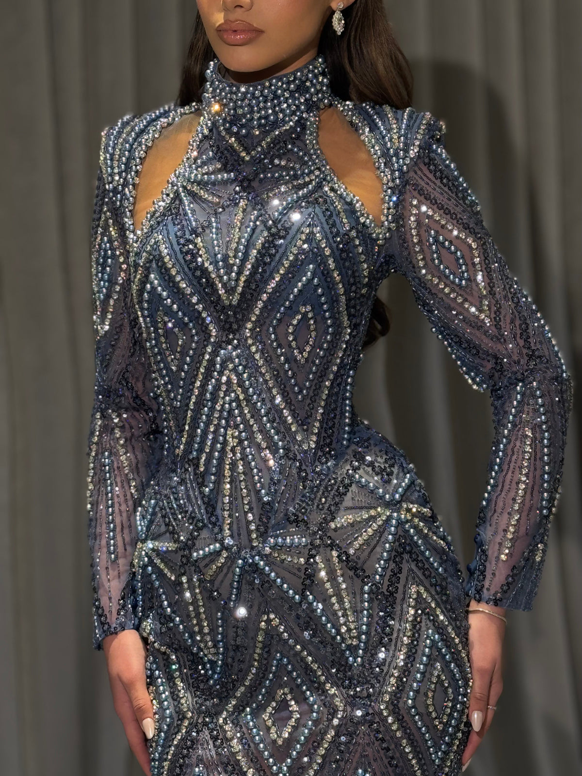 Elarya - Cut-Out Beaded Long Sleeve Gown