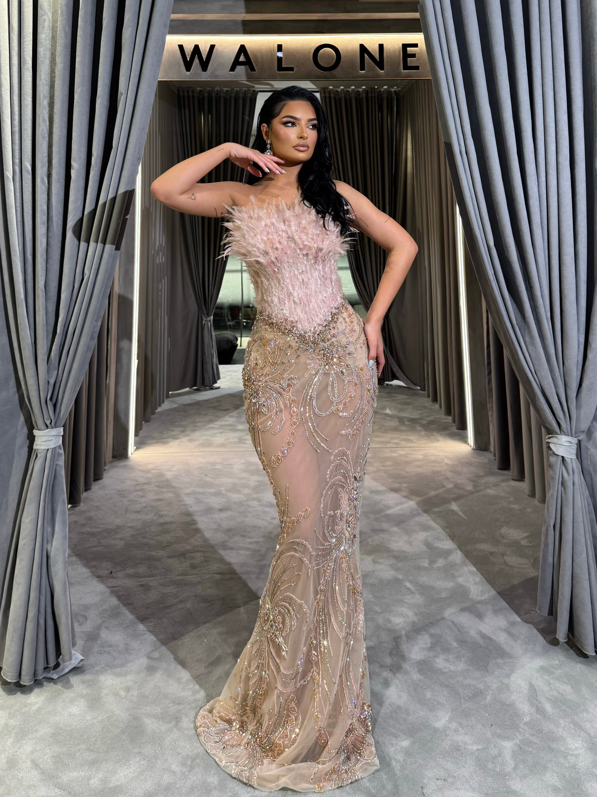 Nude Feather Embellished Crystal Gown