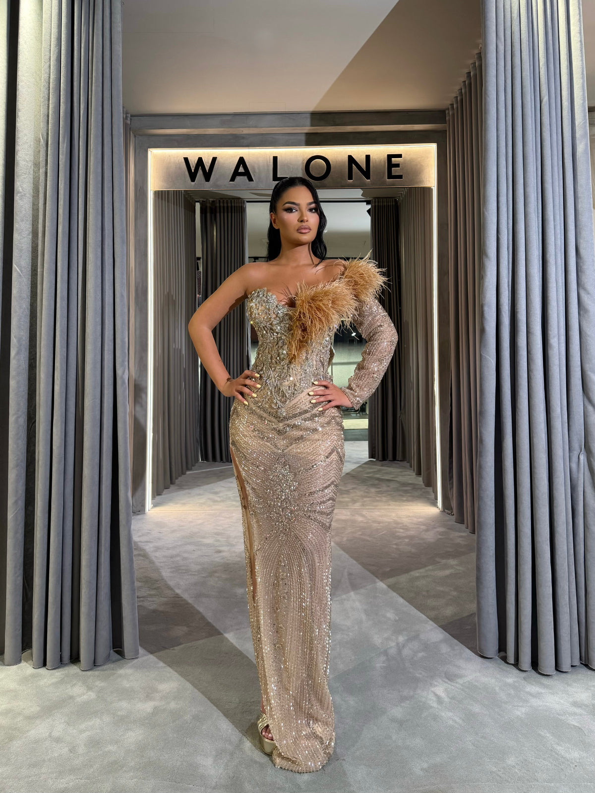Champagne Long Dress with Feather Detailing and Crystal Embellishments
