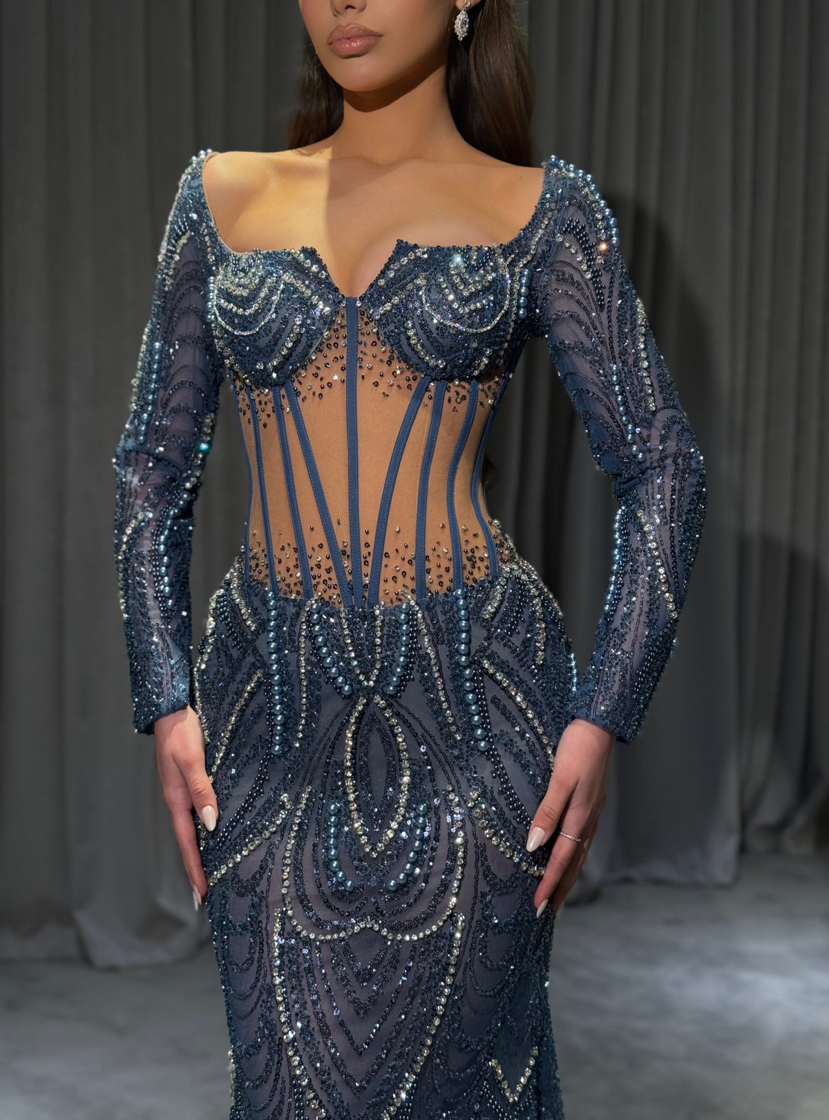 Nysera - Crystal Corset Long Sleeve Gown