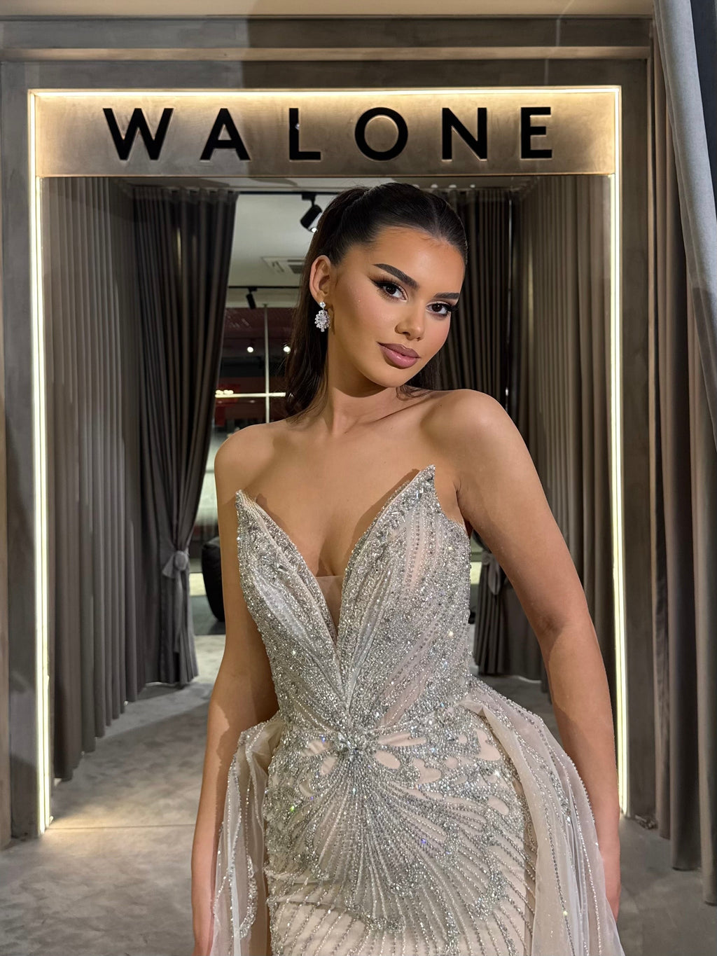 Long Dress with Deep V Neck and Glitter Tulle Layers