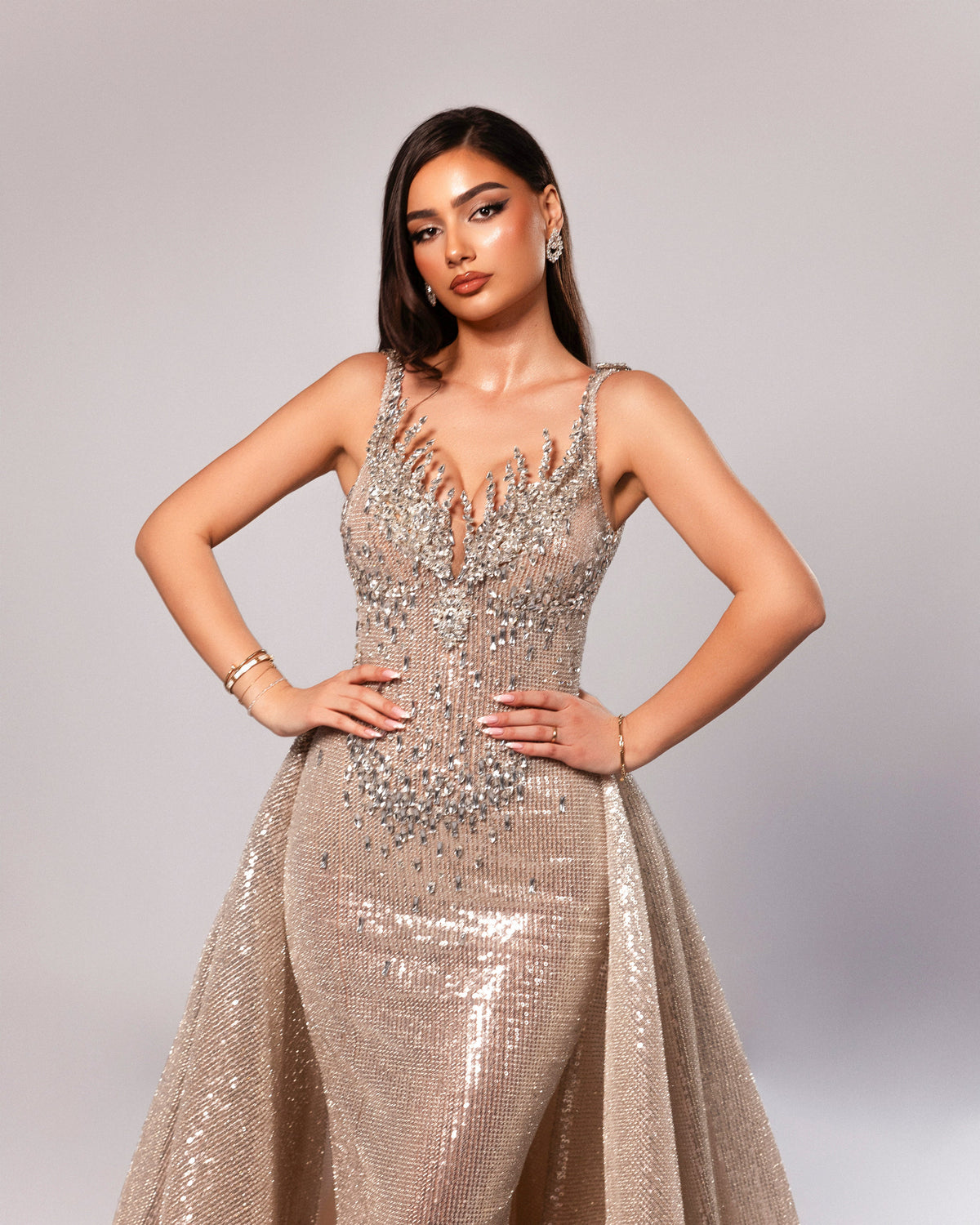 Plunging Neckline Sequin Gown with Detachable Overskirt