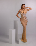 Asymmetrical Crystal Gown with 3D Silver Floral Appliqués