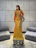 Beaded Gown with Cutout Corset and Fringe Sleeves