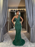 Emerald Asymmetrical Leaf beaded gown