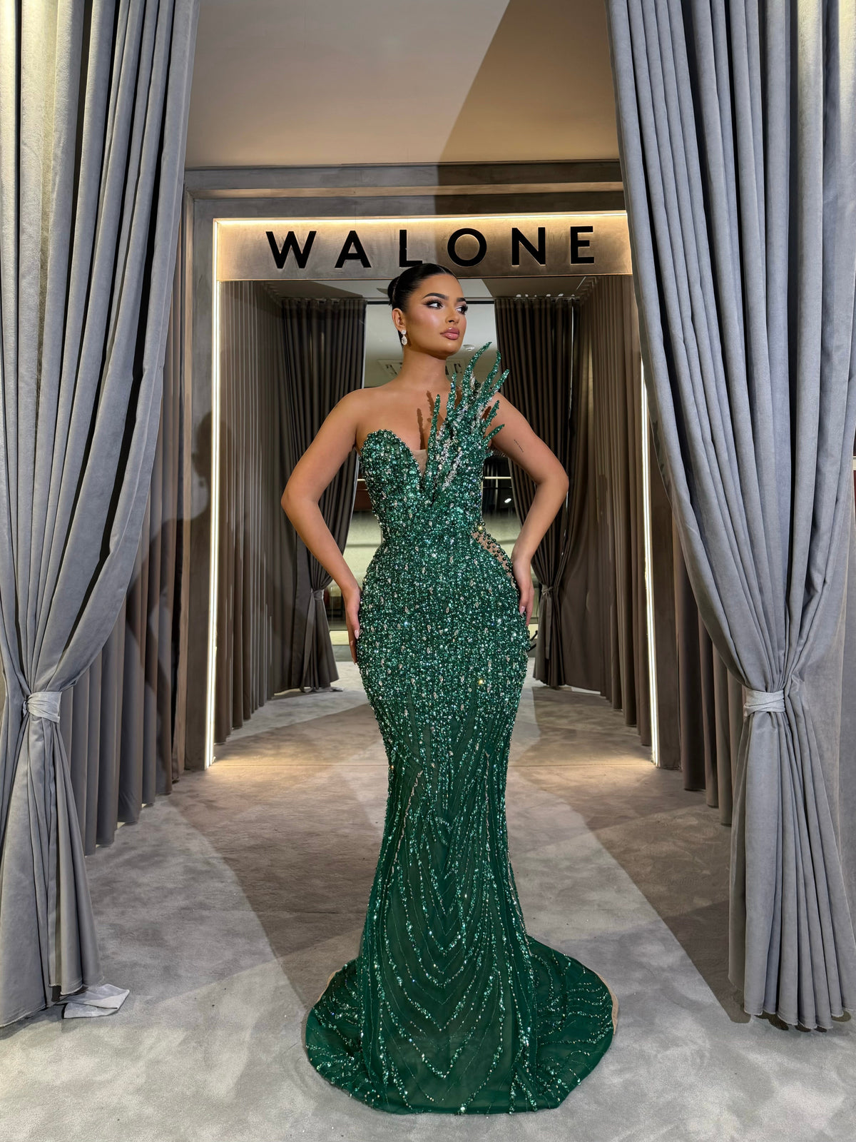 Emerald Asymmetrical Leaf beaded gown