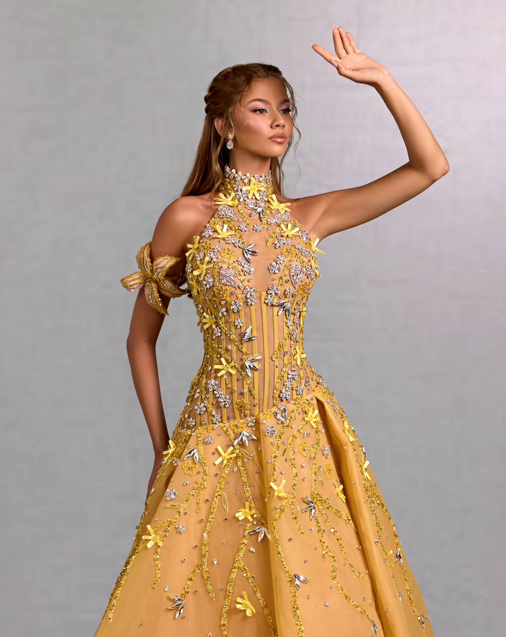 High Neck Yellow Gown with Floral Crystal Vines