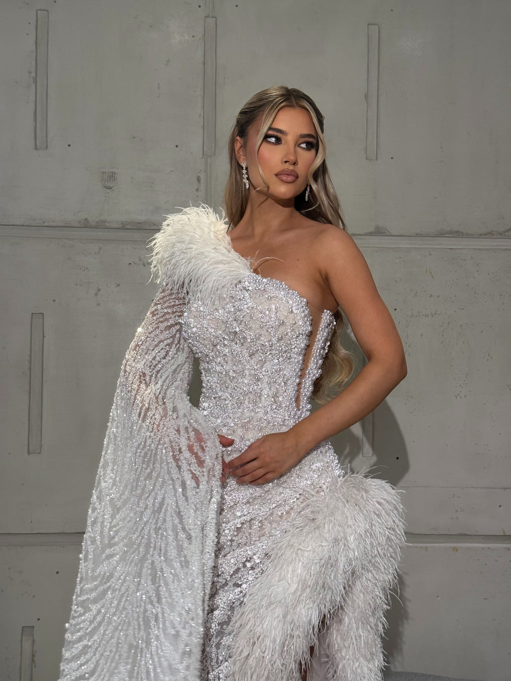 White One Shoulder Dress with Feather Slit and Flowing Cape Sleeve