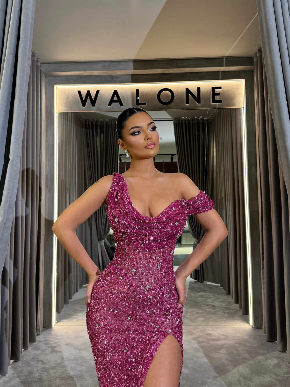 Fuchsia Glitter Gown with Sweetheart Neckline and Slit
