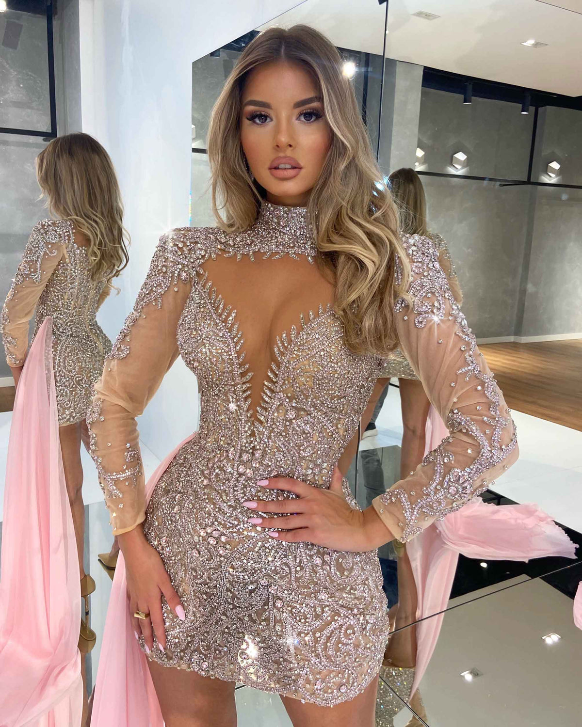 High Neck Short Embellished Dress