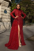 High Neck Side Cut Red Evening Gown