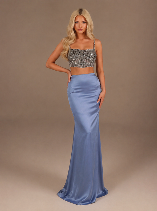 Silver embellished crop top and satin mermaid skirt couture set | Vellure Couture Northampton
