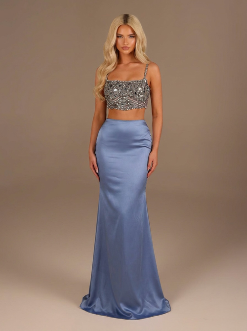 Silver embellished crop top and satin mermaid skirt couture set | Vellure Couture Northampton
