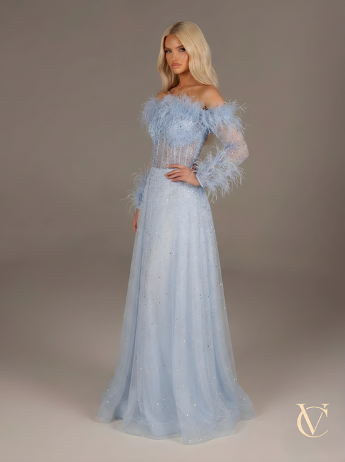 Model wearing Crystal feather Dress - Blue | Vellure Couture, an elegant evening gown featuring crystal embellishments and feather details on the bodice and sleeves, showcasing a sculpted fit and luxury finish.