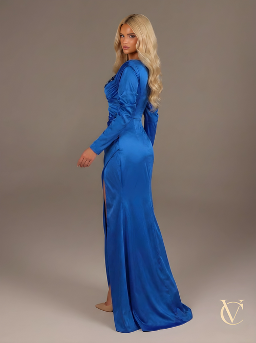 Royal blue satin gown | Luxury couture evening dress | Vellure Couture Northampton

