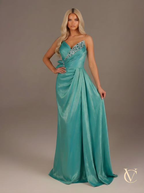 Turquoise pleated evening gown | Luxury couture dress | Vellure Couture Northampton
