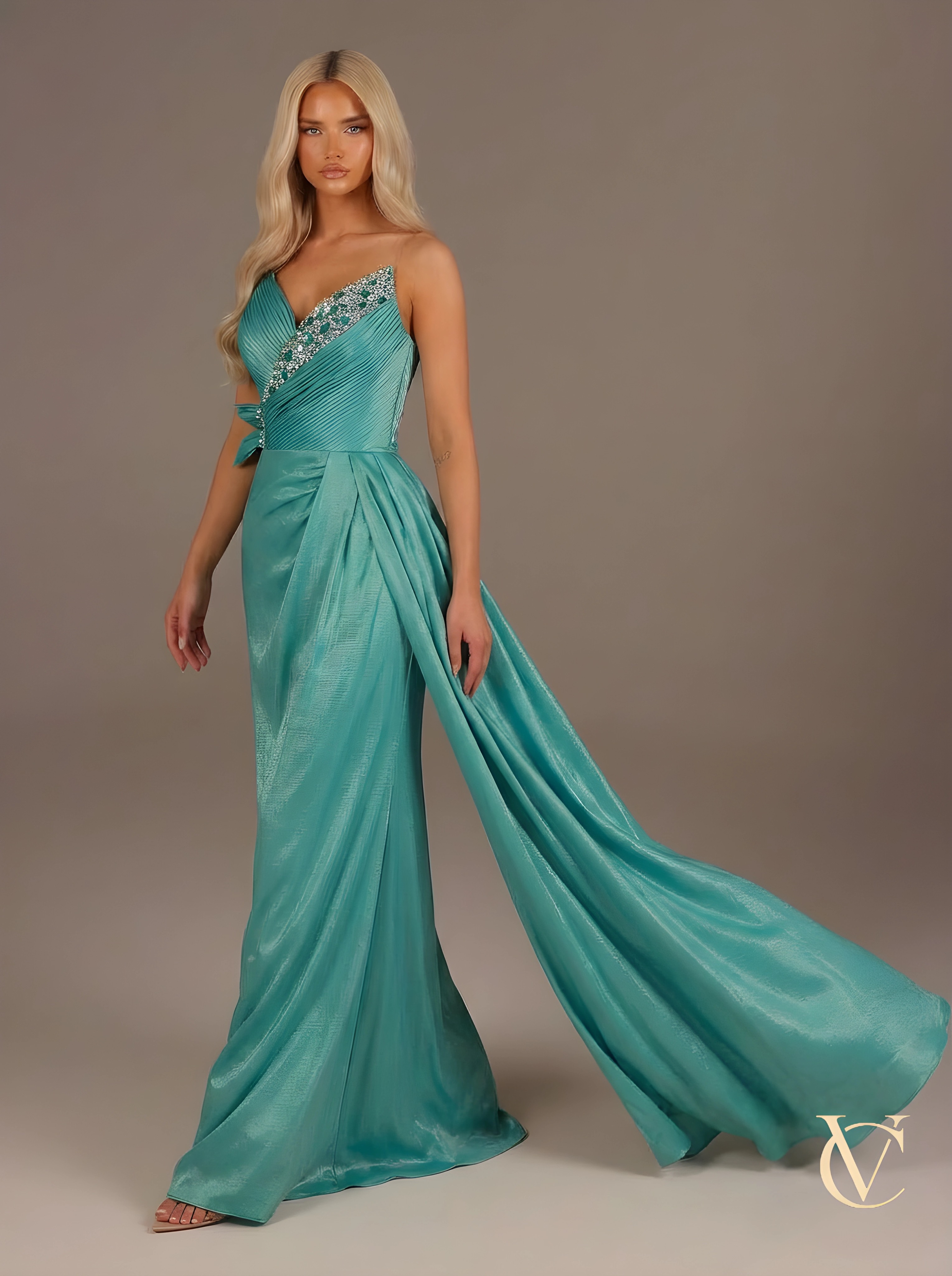 Turquoise Pleated Evening Gown