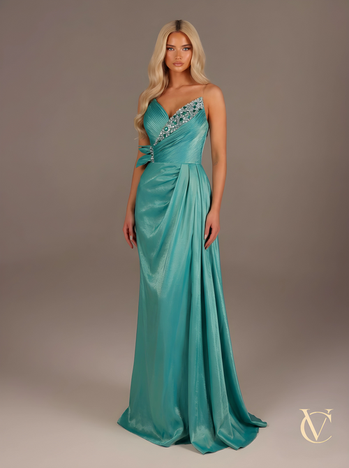 Turquoise pleated evening gown | Luxury couture dress | Vellure Couture Northampton
