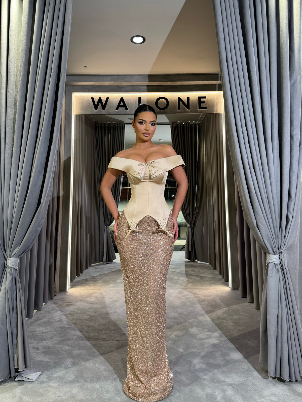 Long Dress Off Shoulder Corset with Crystal Bows
