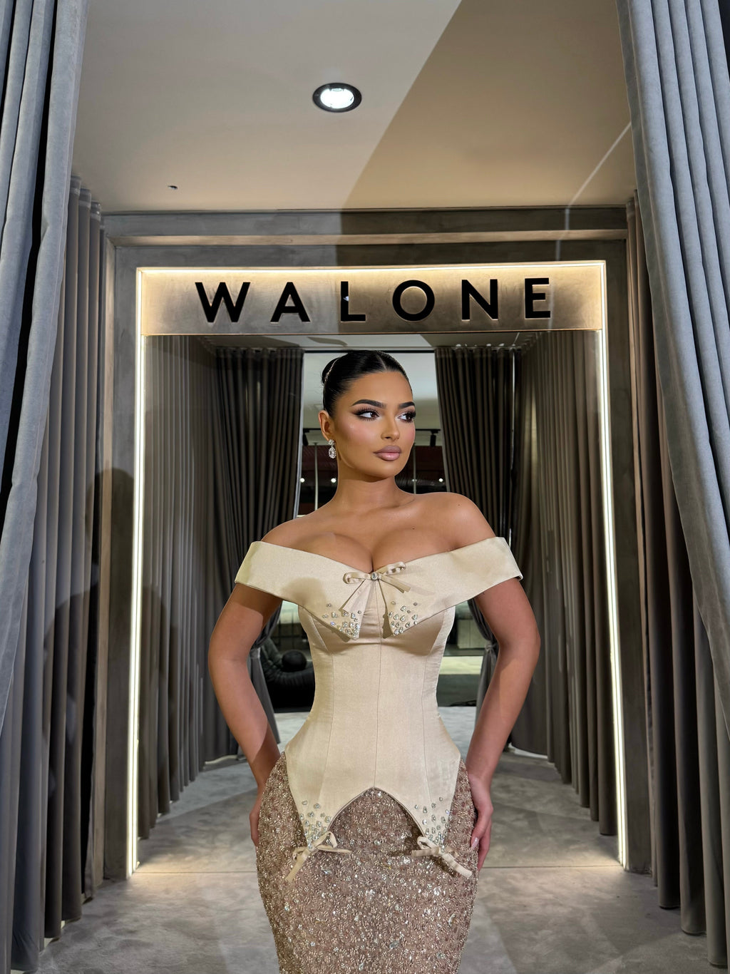 Long Dress Off Shoulder Corset with Crystal Bows