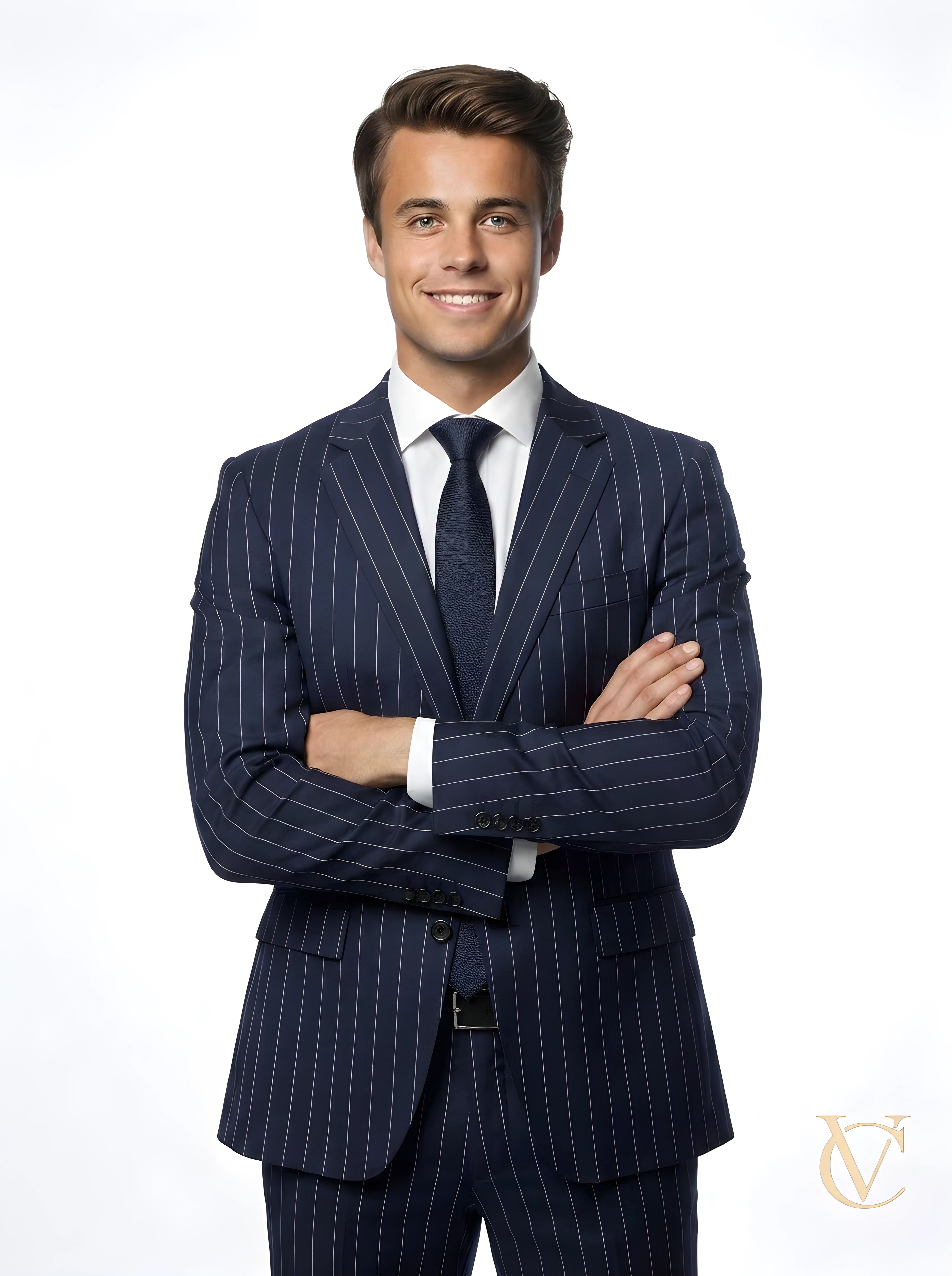 Young man wearing a tailored 2-Piece Suit - Navy Striped | Vellure Couture with a crisp white shirt and navy tie, standing confidently with arms crossed against a white background.
