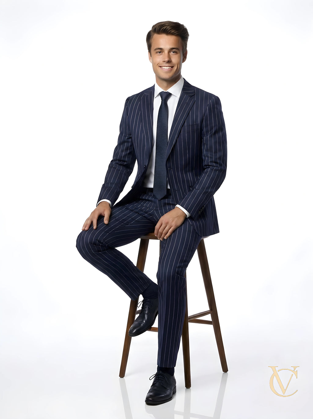 Man sitting on a wooden stool wearing a tailored 2-Piece Suit - Navy Striped | Vellure Couture with a white shirt and navy tie, showcasing luxury tailored menswear.