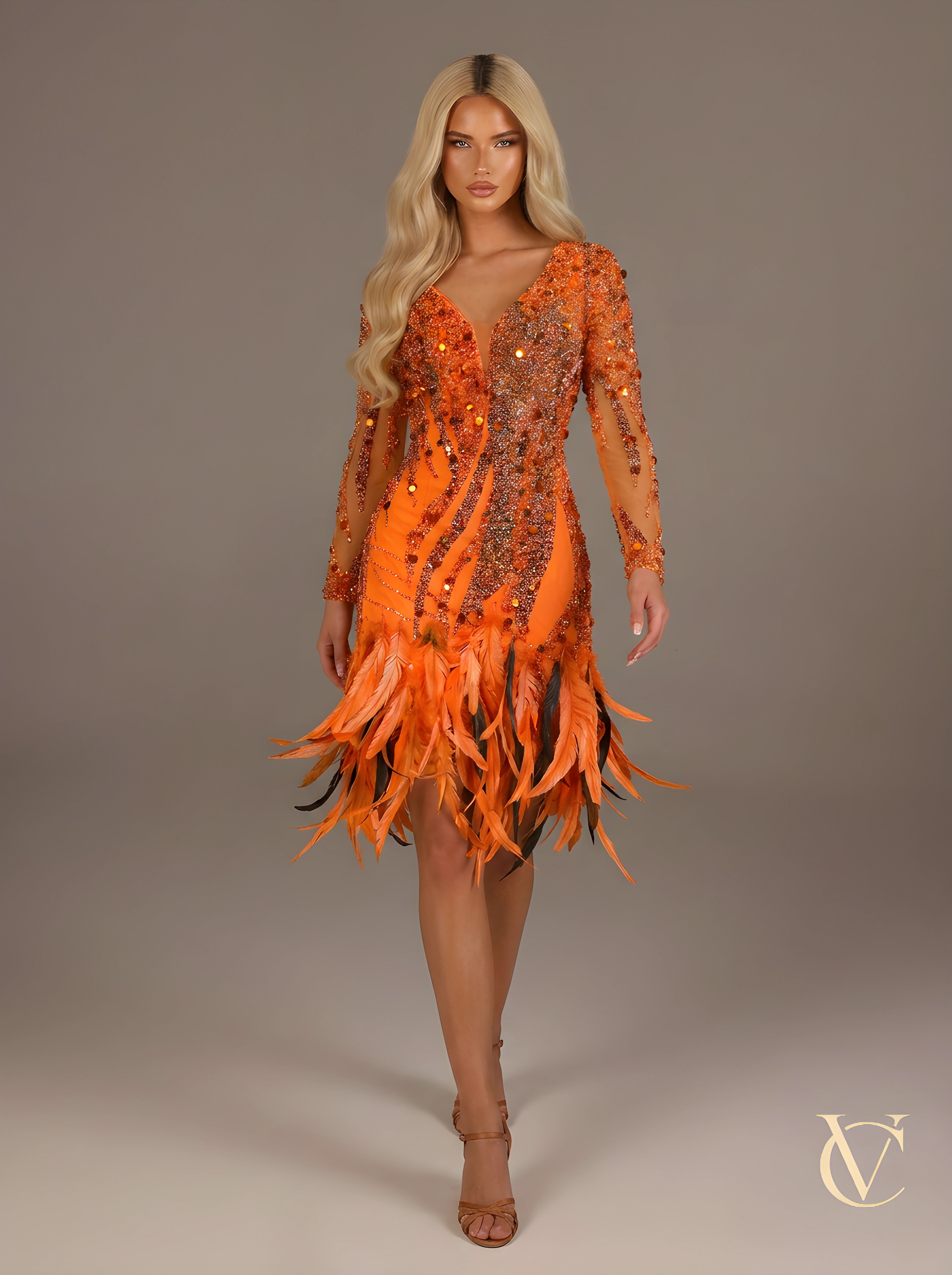 Amber Feather Evening Gown