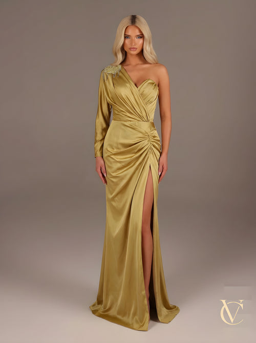 Gold satin evening gown | Luxury couture dress | Vellure Couture Northampton
