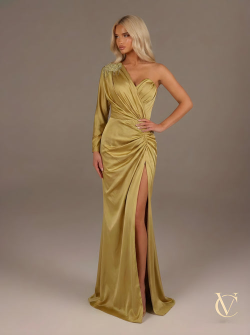 Gold satin evening gown | Luxury couture dress | Vellure Couture Northampton
