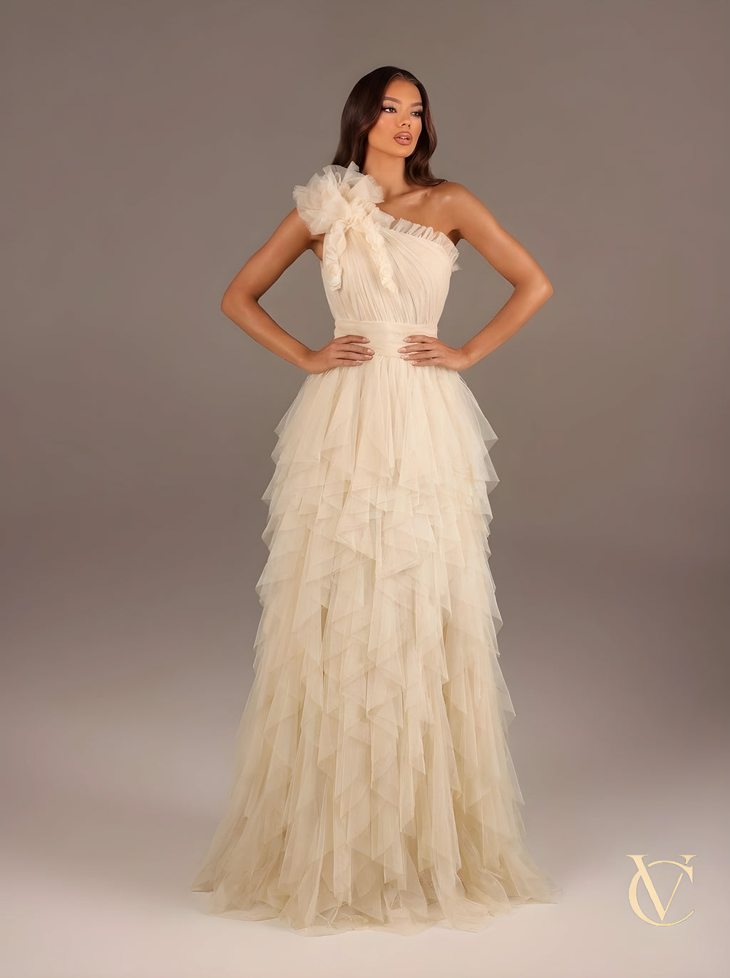 Nude One-Shoulder Evening Gown