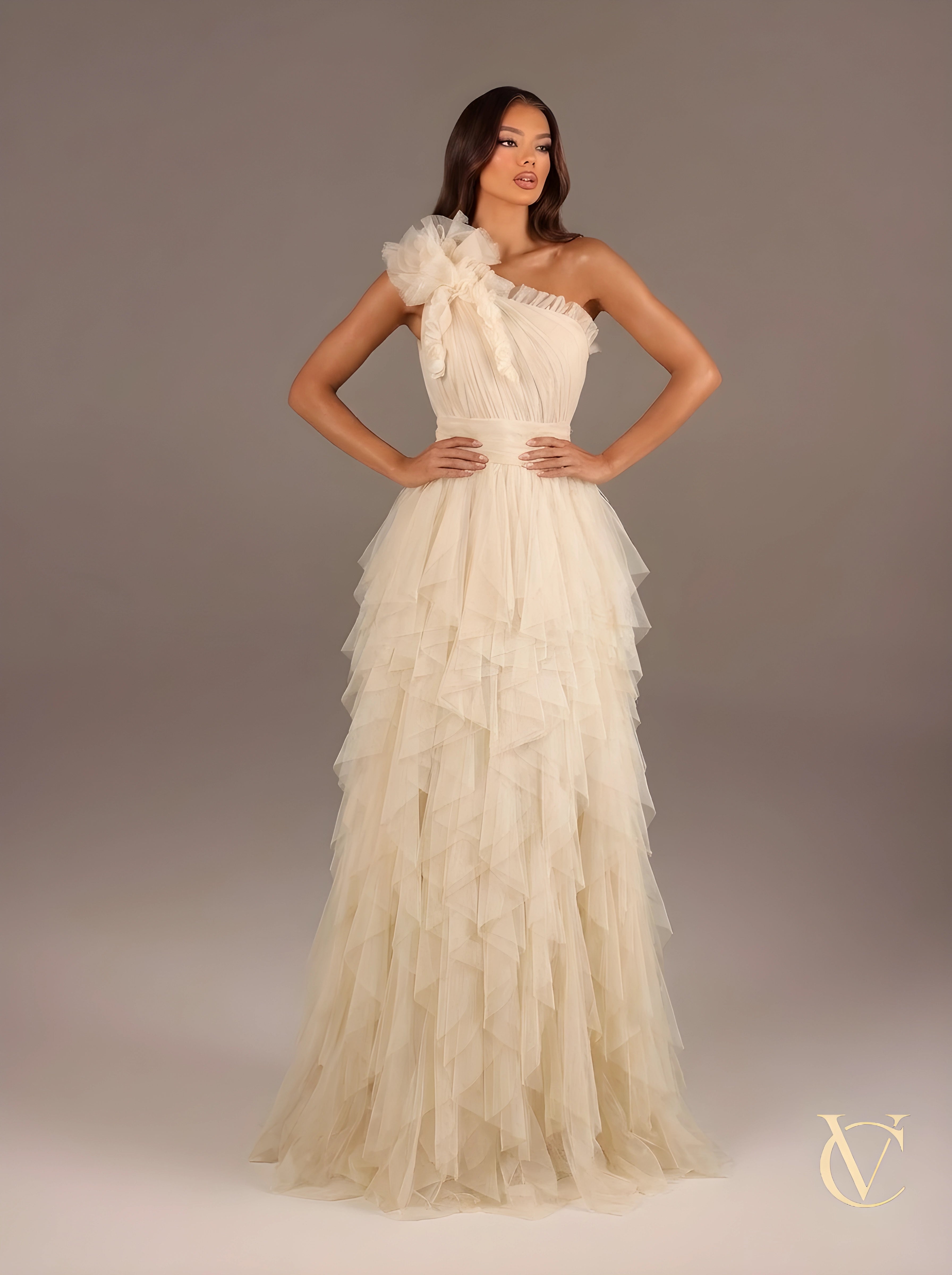 Nude One-Shoulder Evening Gown