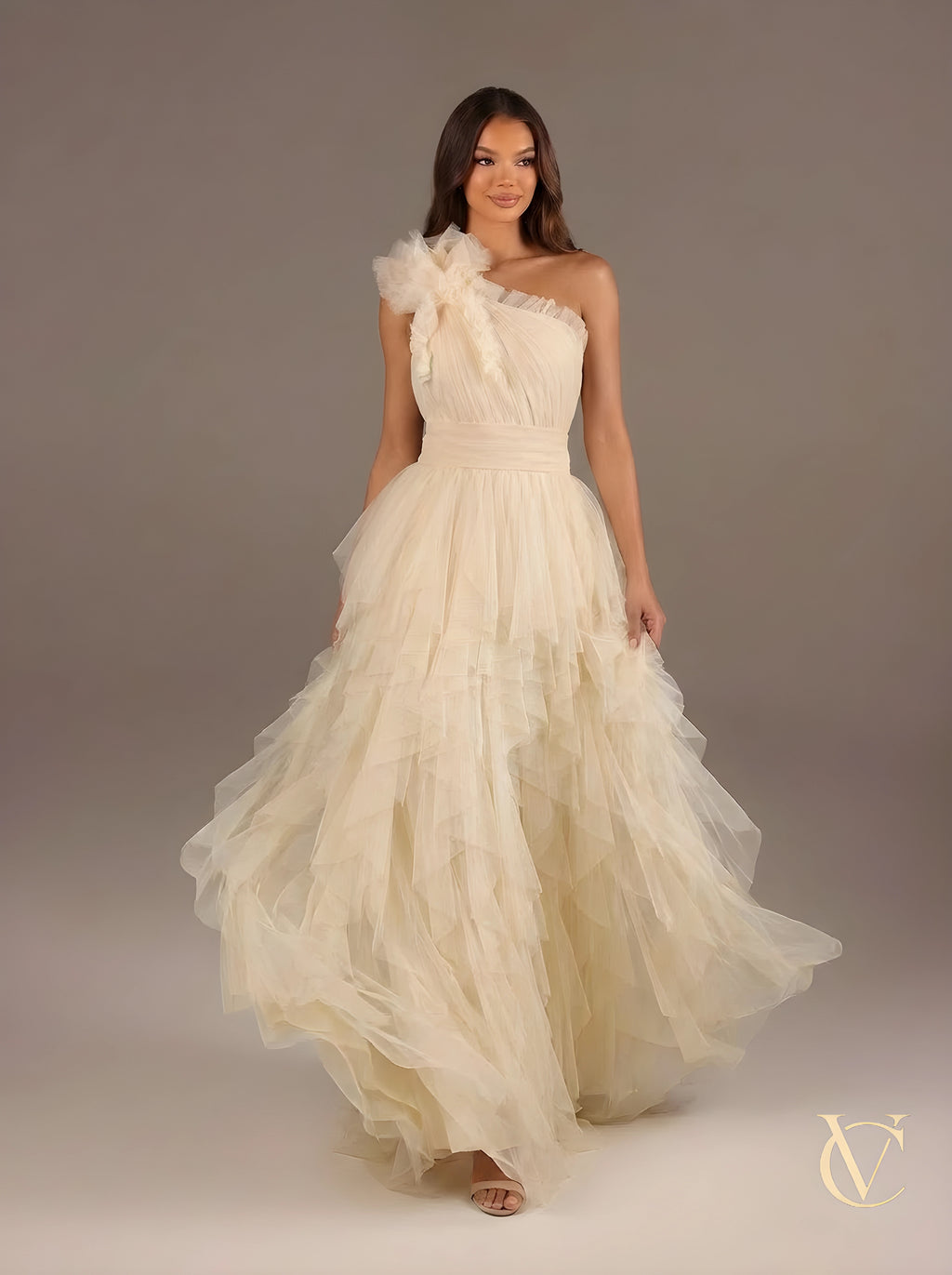 Nude One-Shoulder Evening Gown