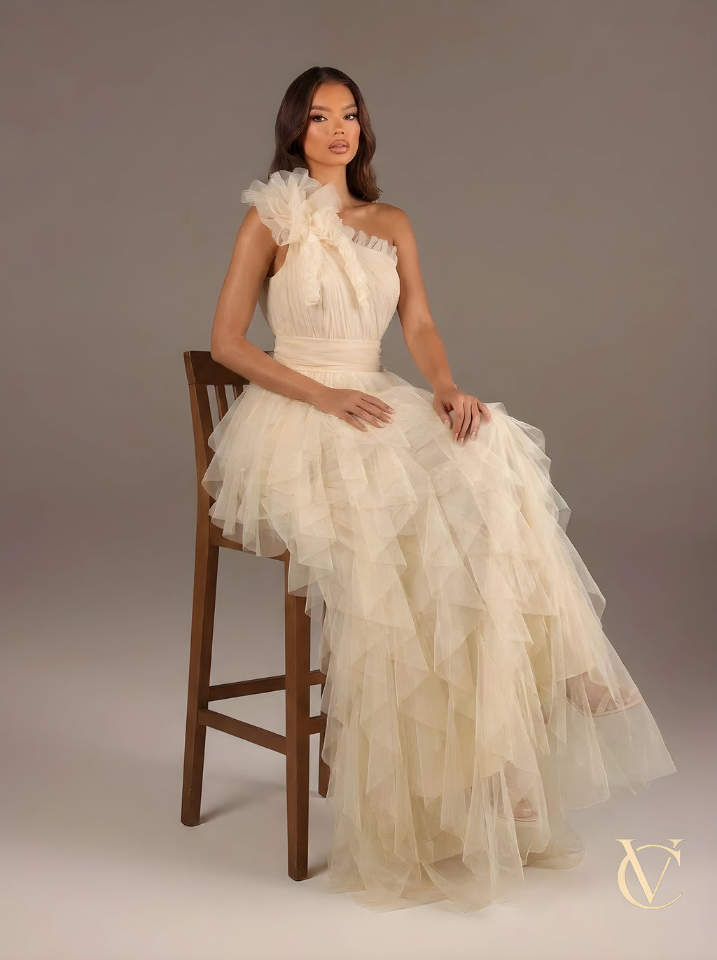 Nude One-Shoulder Evening Gown