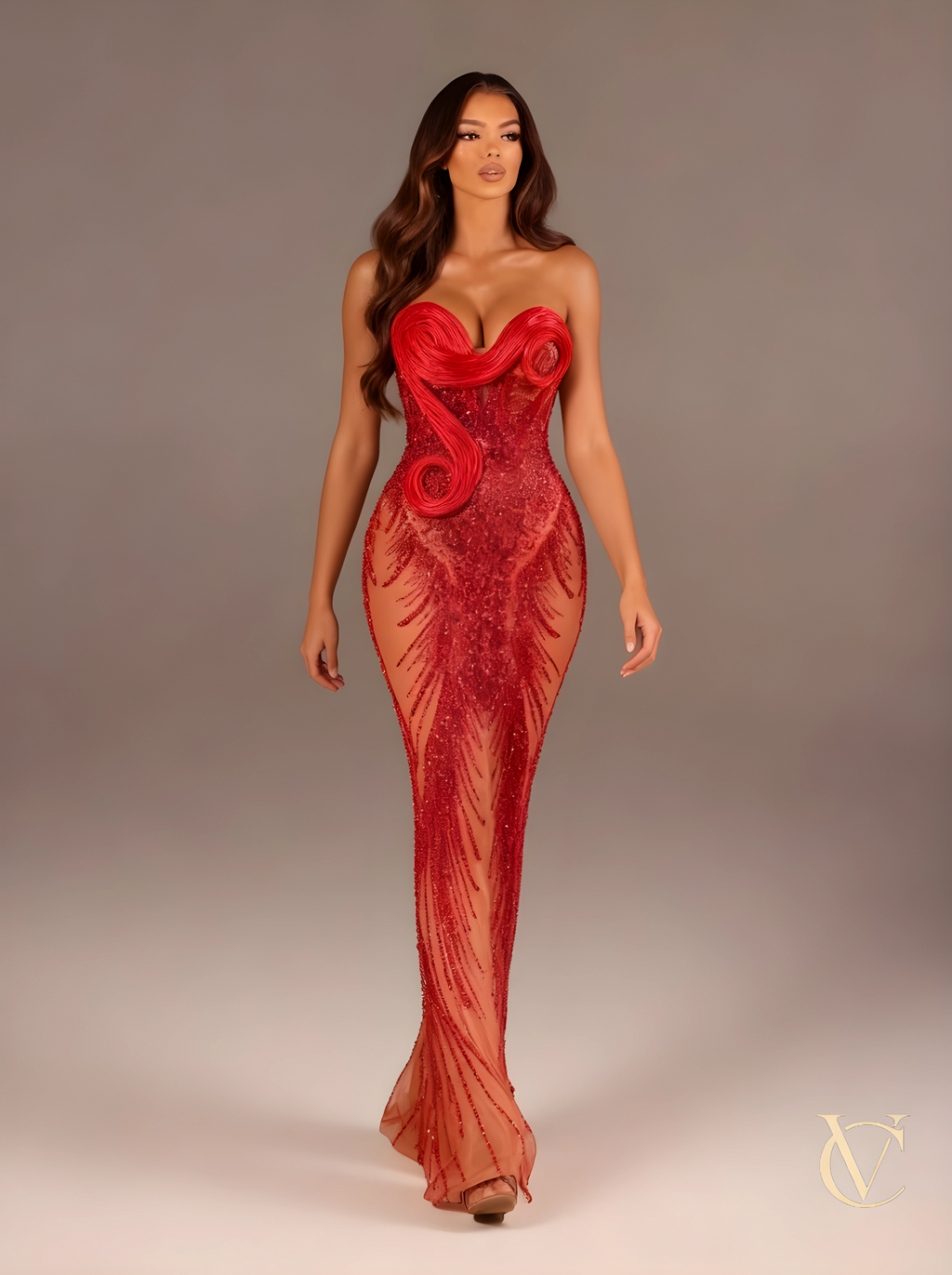 Ruby Mesh Evening Dress