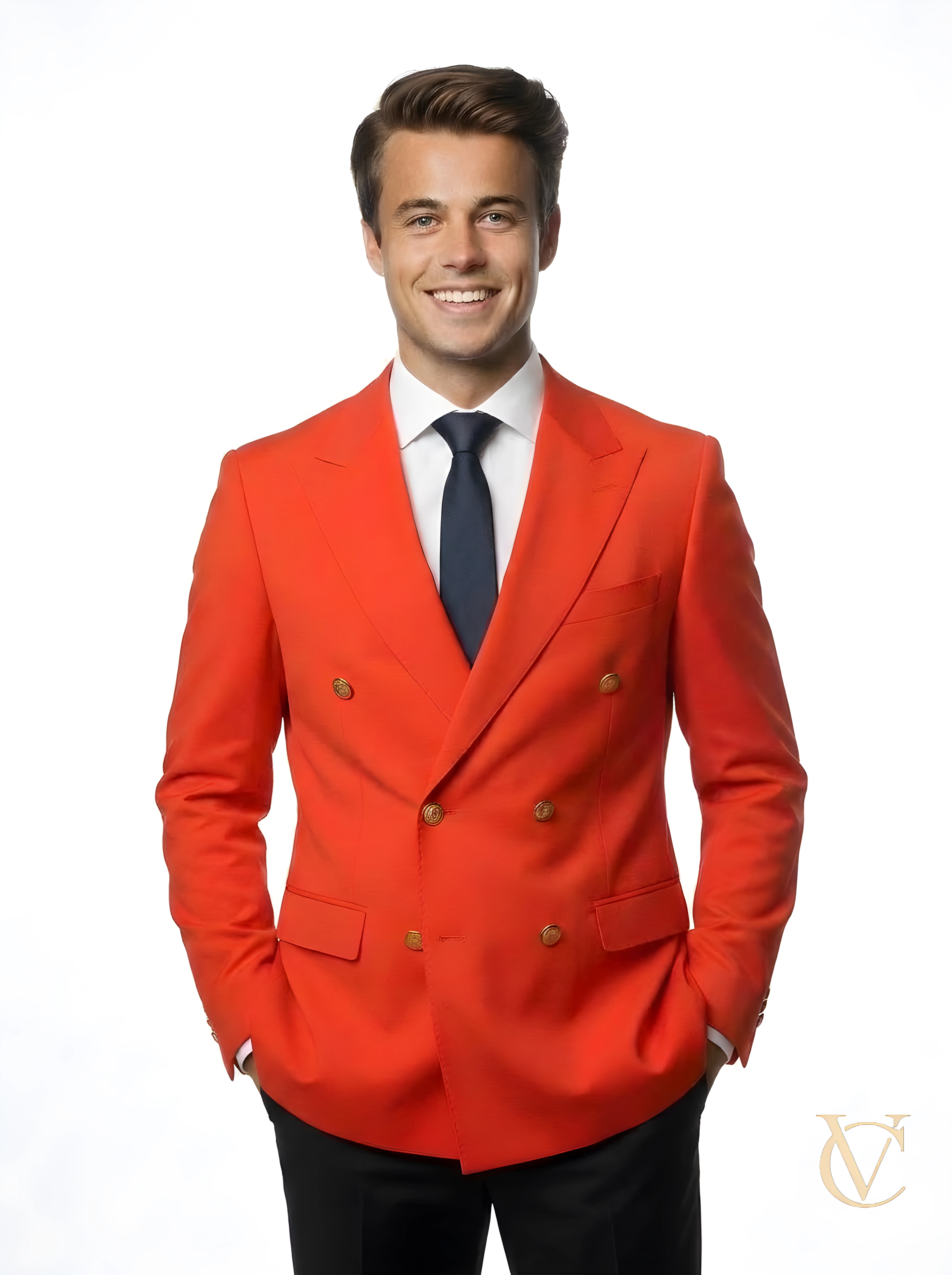 Man wearing a vibrant red tailored double-breasted blazer with gold buttons, styled with a white shirt and black tie, showcasing the 2-Piece Suit - Red | Vellure Couture.