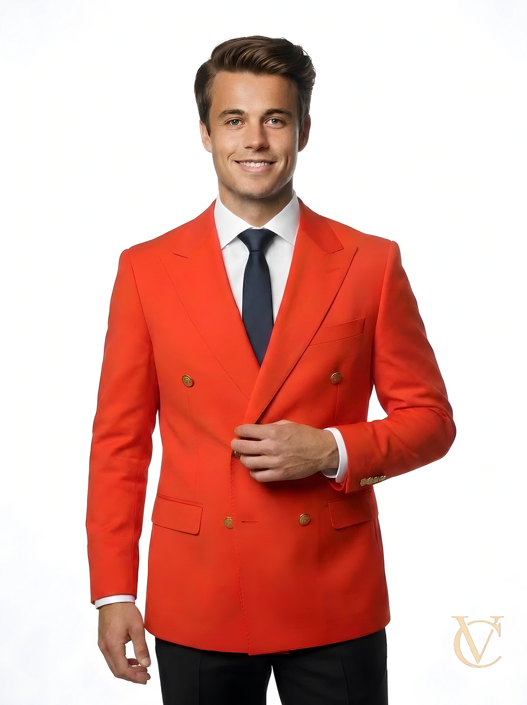 Man wearing a tailored bright red double-breasted blazer with gold buttons and a black tie, showcasing the 2-Piece Suit - Red | Vellure Couture with a sculpted fit and luxury finish.