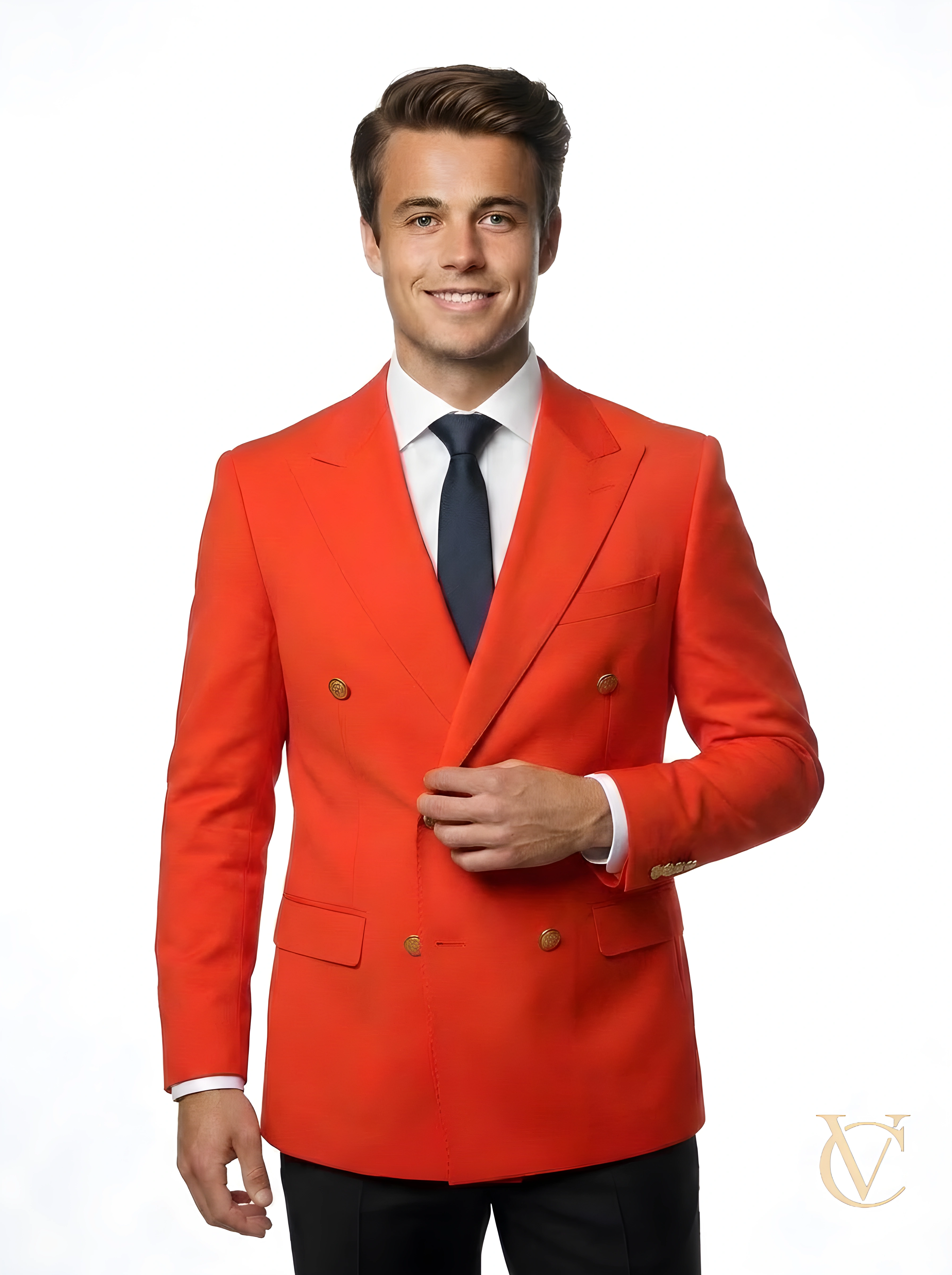 Man wearing a tailored bright red double-breasted blazer with gold buttons and a black tie, showcasing the 2-Piece Suit - Red | Vellure Couture with a sculpted fit and luxury finish.