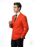 Man wearing a tailored bright red double-breasted blazer with gold buttons, white shirt, and black tie, styled elegantly in the 2-Piece Suit - Red | Vellure Couture.