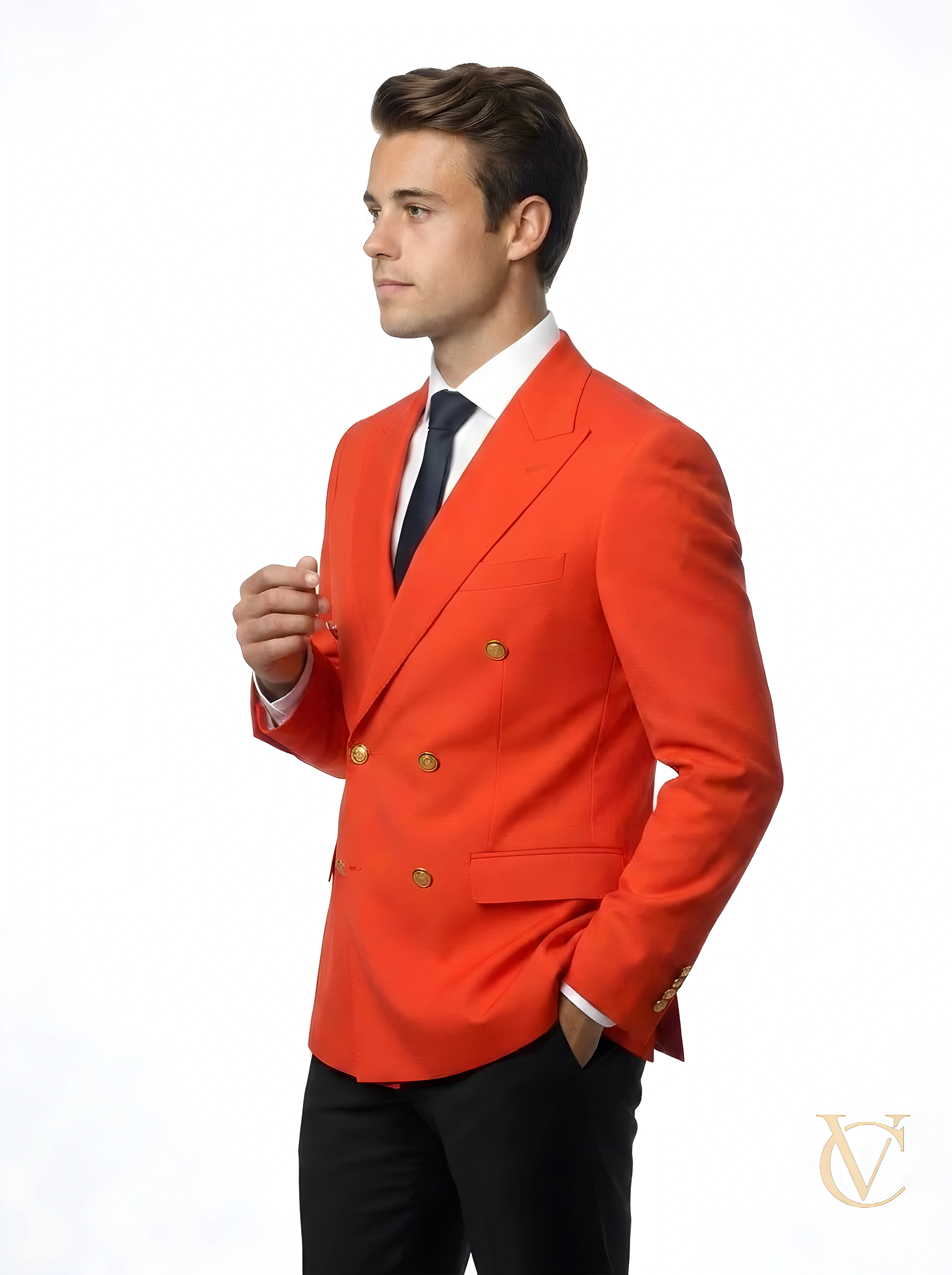Man wearing a tailored bright red double-breasted blazer with gold buttons, white shirt, and black tie, styled elegantly in the 2-Piece Suit - Red | Vellure Couture.