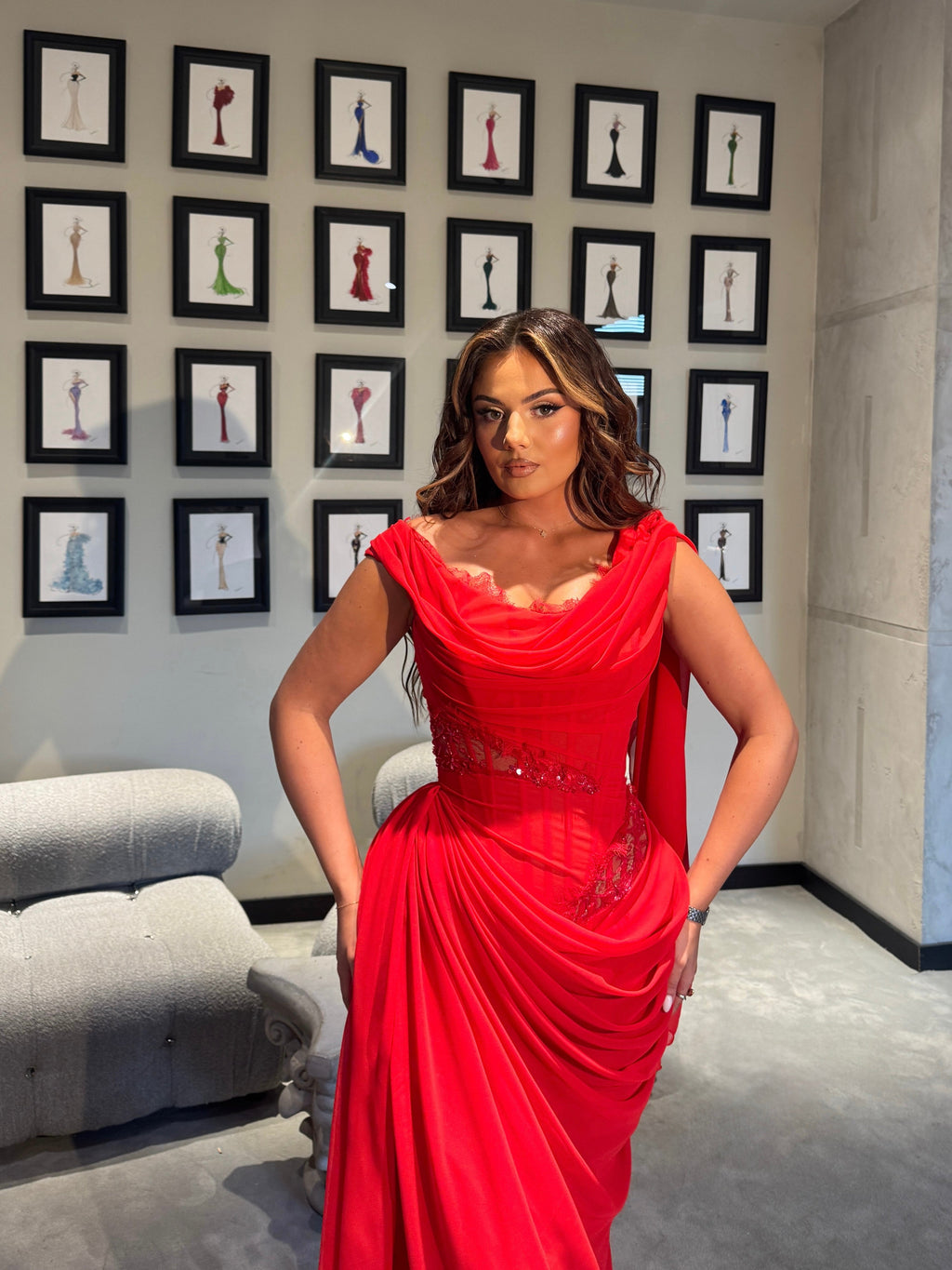 Red Draped Maxi Dress with Boned Corset & Lace Embellishment
