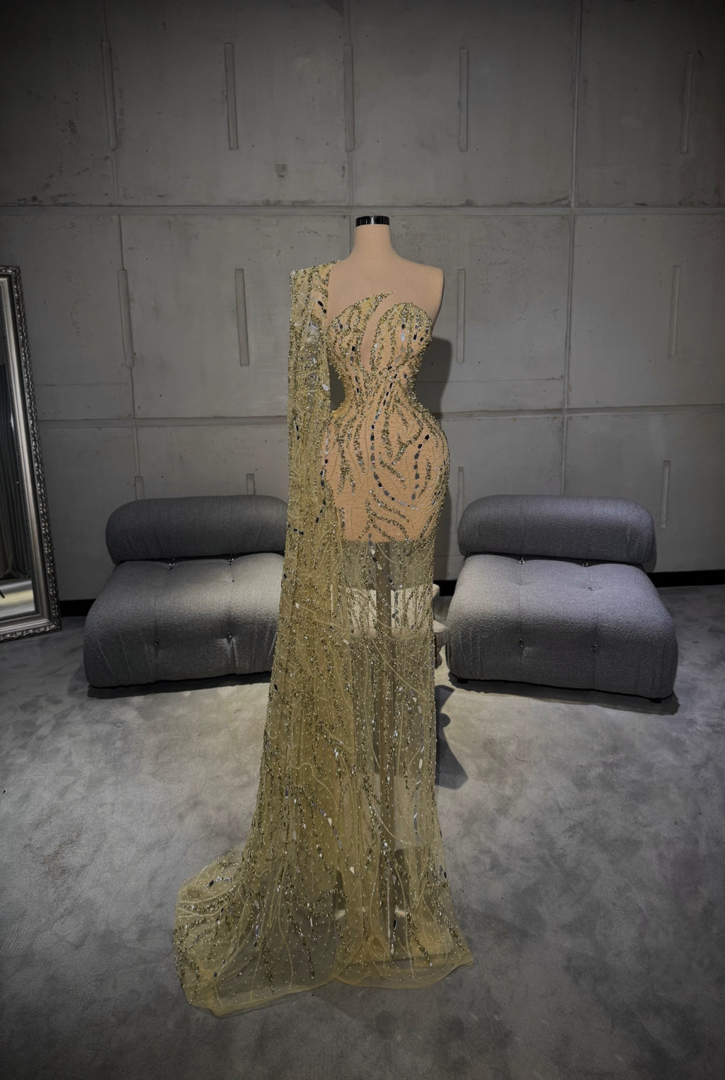 Solenne – Gold Mirror Cape Sleeve Gown