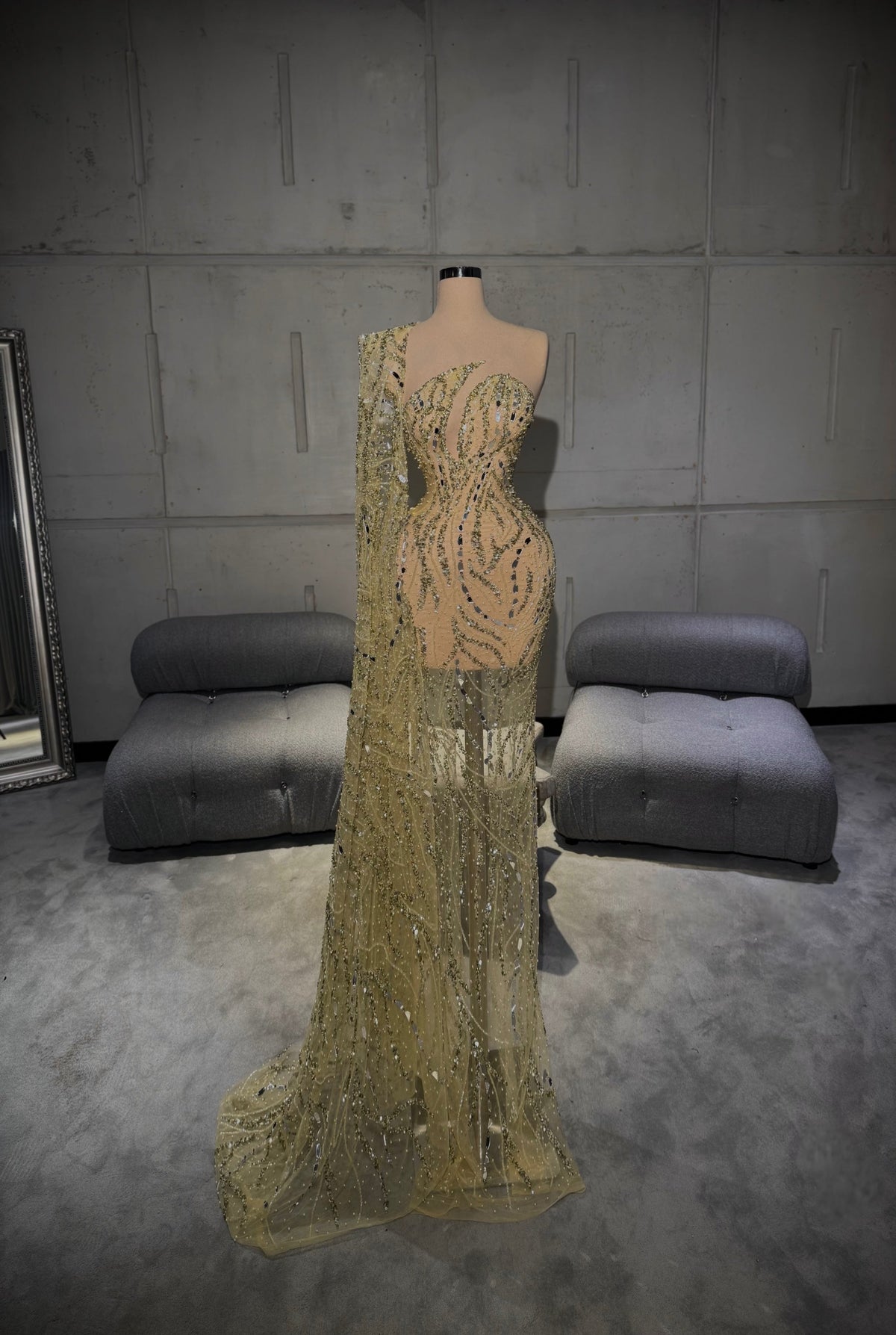 Solenne – Gold Mirror Cape Sleeve Gown
