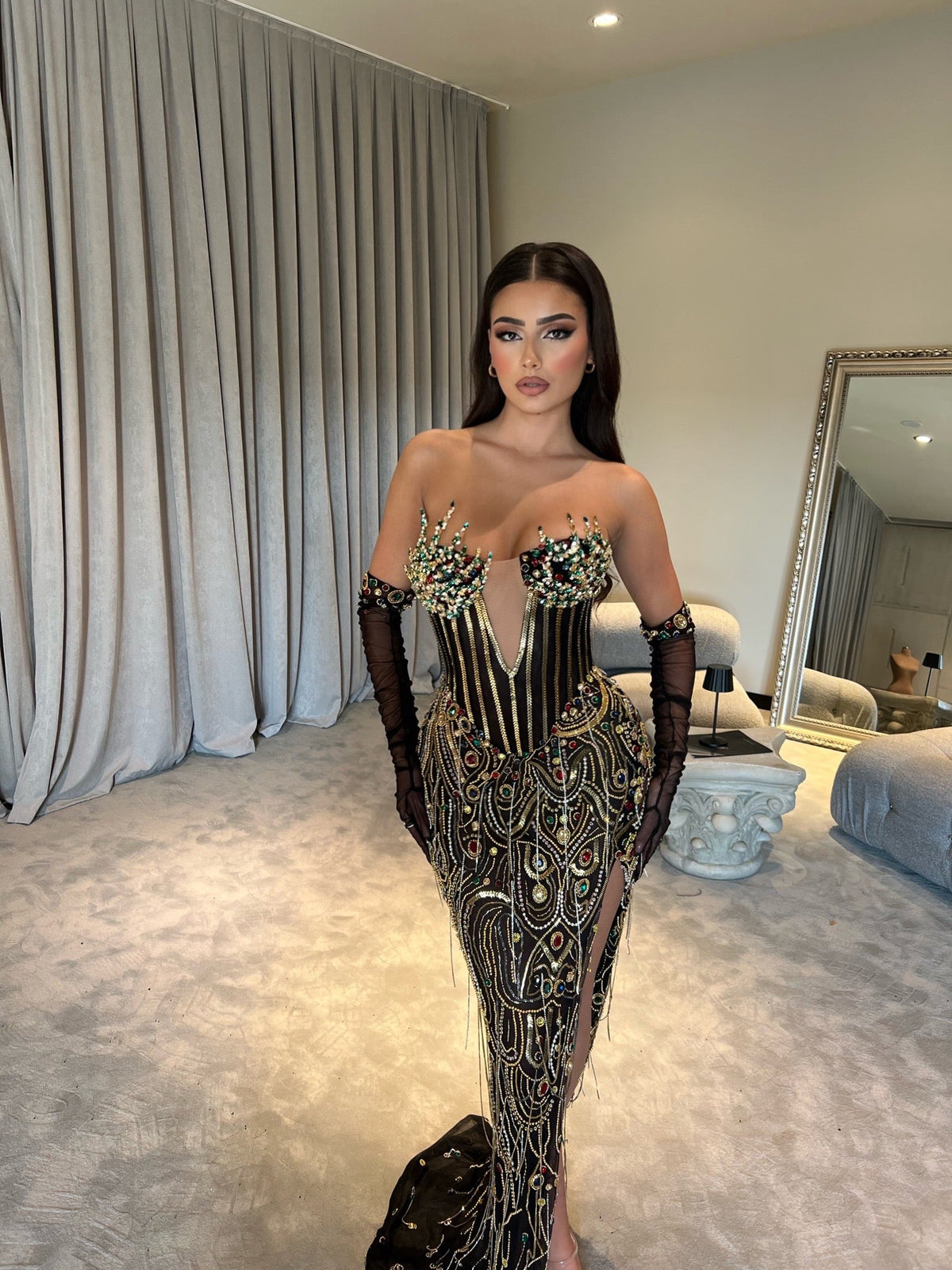 BLACK LONG DRESS WITH GOLD EMBELLISHMENTS
