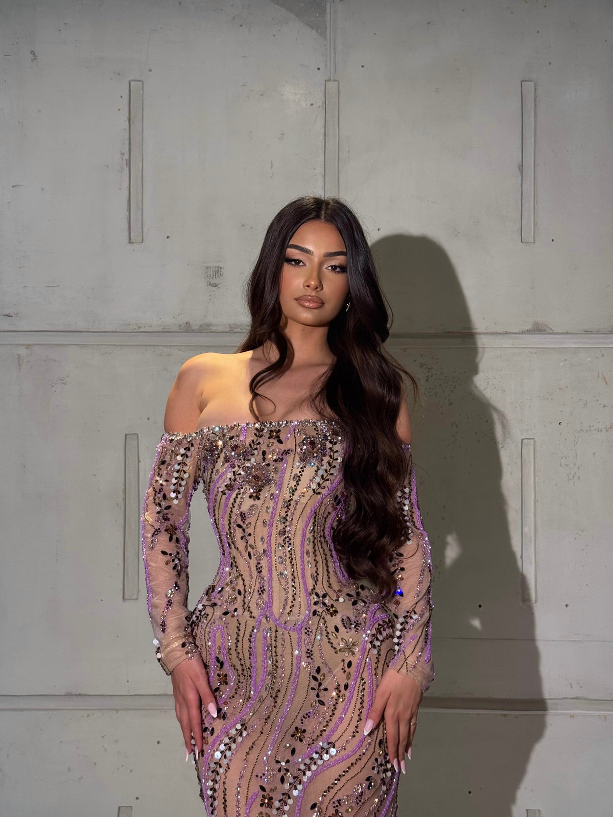 Lyrah – Lavender Sequin Off Shoulder Gown